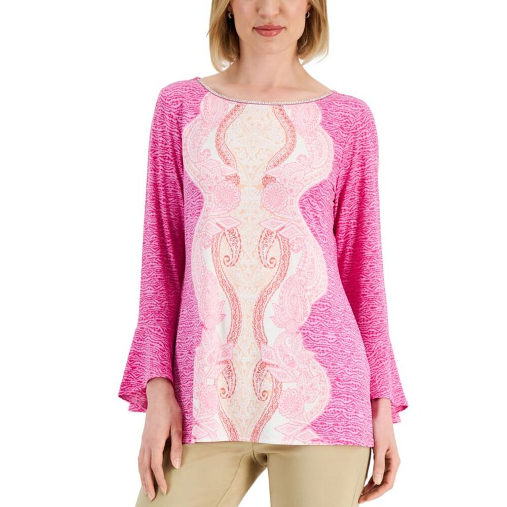 JM Collection Printed Flared Sleeve Top